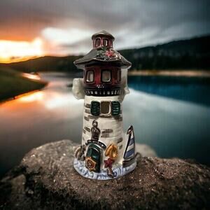 Ceramic Lighthouse Candle Holder in White and Navy